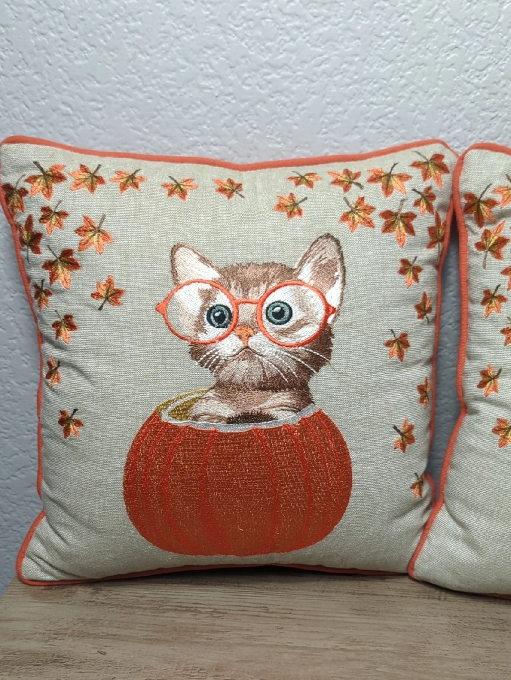 Pier 1 Imports Harvest Cat in Pumpkin Embroidered Throw Pillows - Set of 2